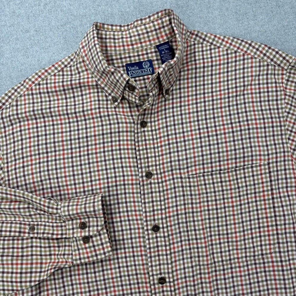 Vintage 90s Lands End Viyella Wool Blend Shirt Mens L Tan Check‎ Plaid *FLAW